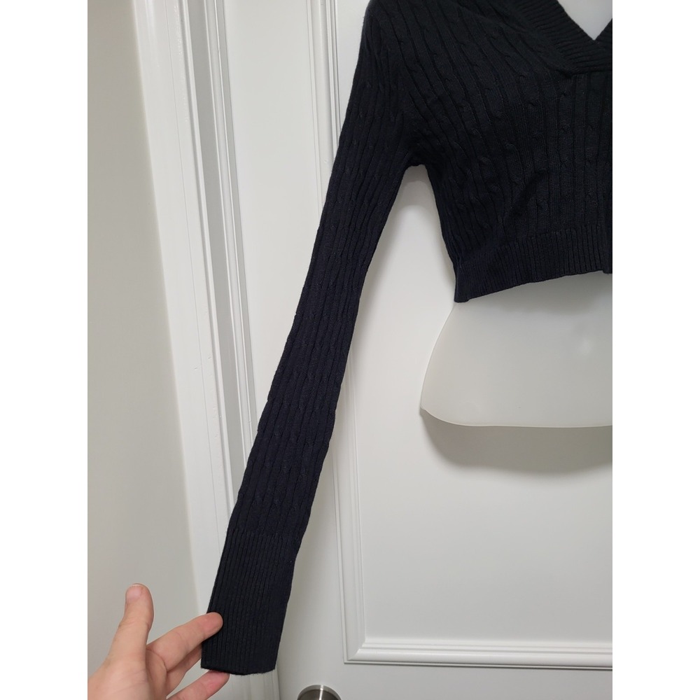 Y2K Wet Seal Black Lightweight Hooded Fitted Crop Sweater Sz M - Picture 3 of 6